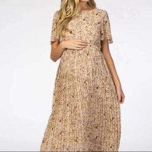 Hayden Beige Floral Pleated Maternity Midi Dress Sz M Cottagecore Farmhouse